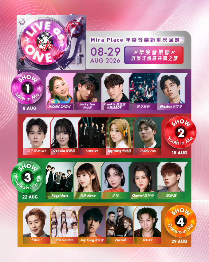 送禮活動 | Mira Place Gimme LiVe 音樂節 「LiVe as One」2026 8月29日企位門票兩張